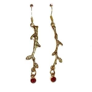 Gold Branch Dangle Earrings with Red Accent